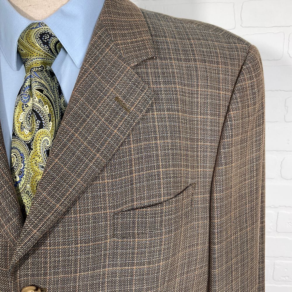 San Remo Blazer Men 44R Brown Blue Plaid Italian Virgin Wool‎ Jacket